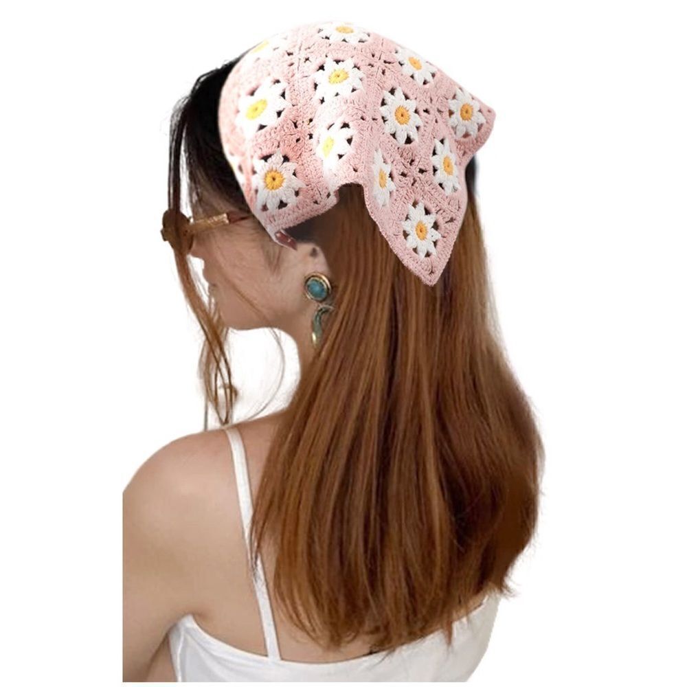 Crochet Triangle Flower Headscarf Bandana in Pink, White & Yellow